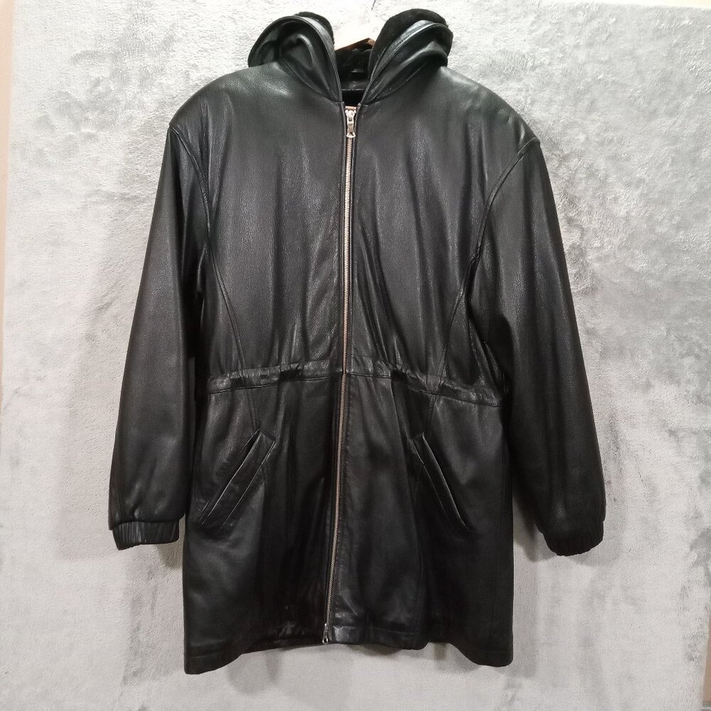 Vintage 80s Wilsons Leather Parka Women Large Black Hooded Faux Fur Quilt Lined